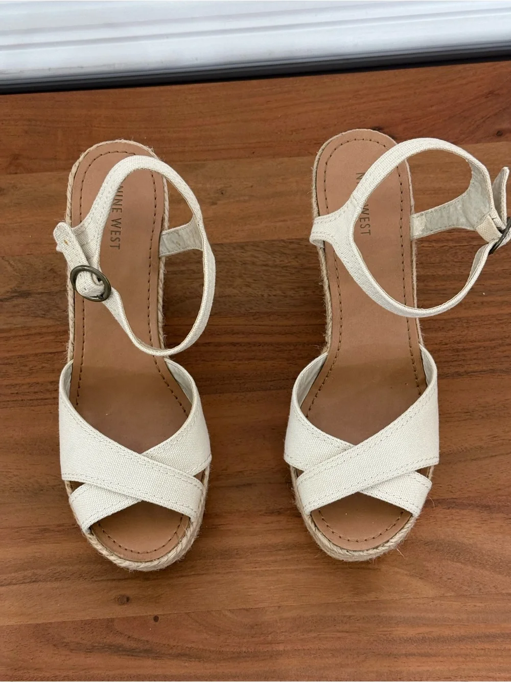 Nine West Thoughtfully Cream Canvas Espadrille Platform Wedge Sandals 9